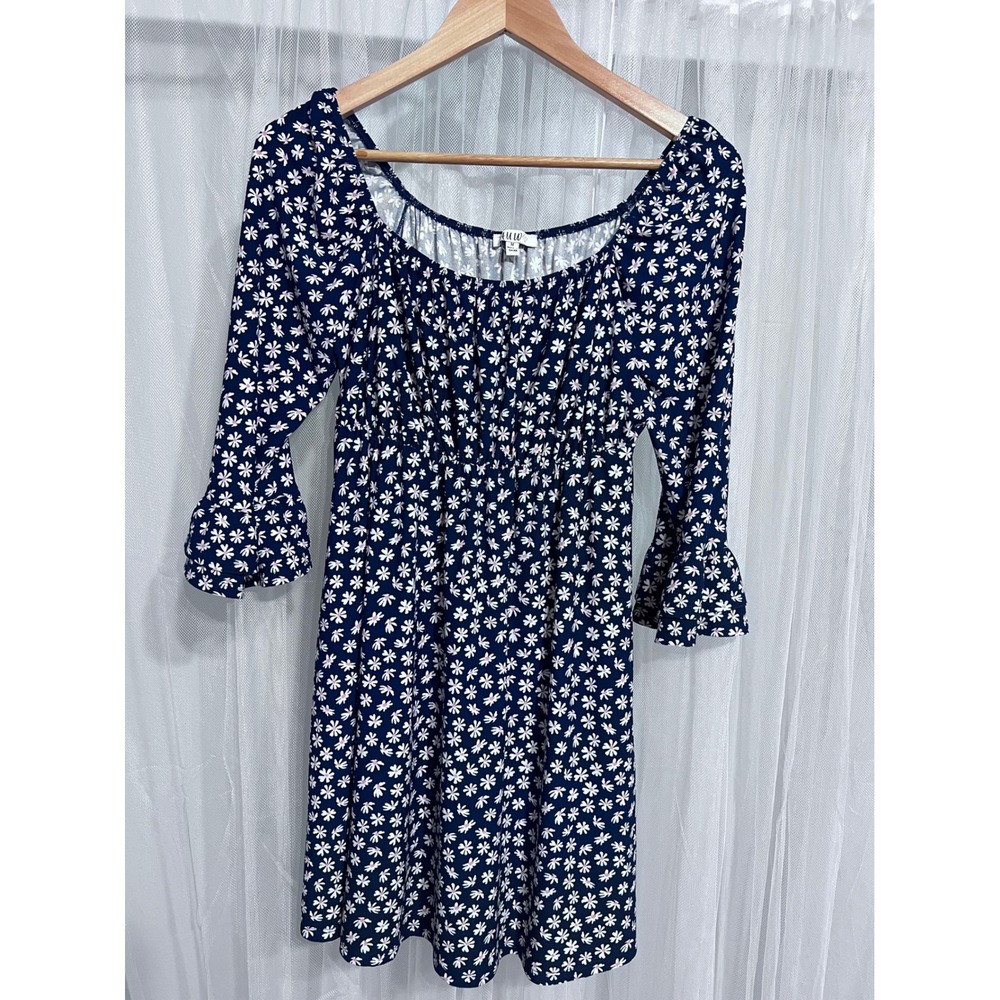 AUW Navy Blue Daisy Floral Smocked‎ Mini Dress 3/4 Ruffle Sleeve Womens Medium